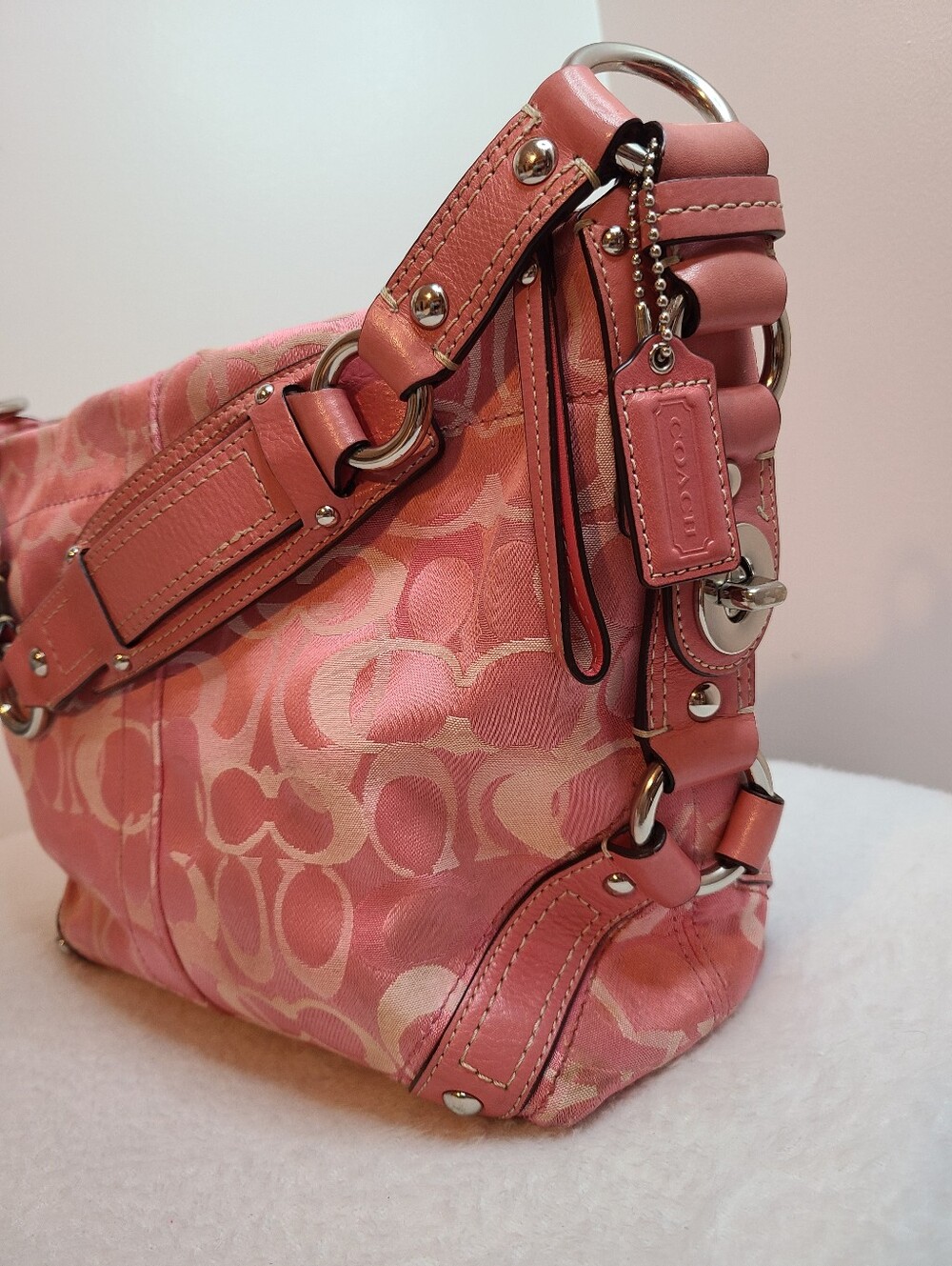 Rare Y2K Vintage Coach Carly Pink Signature Optic Medium Hobo Bag - Picture 2 of 10